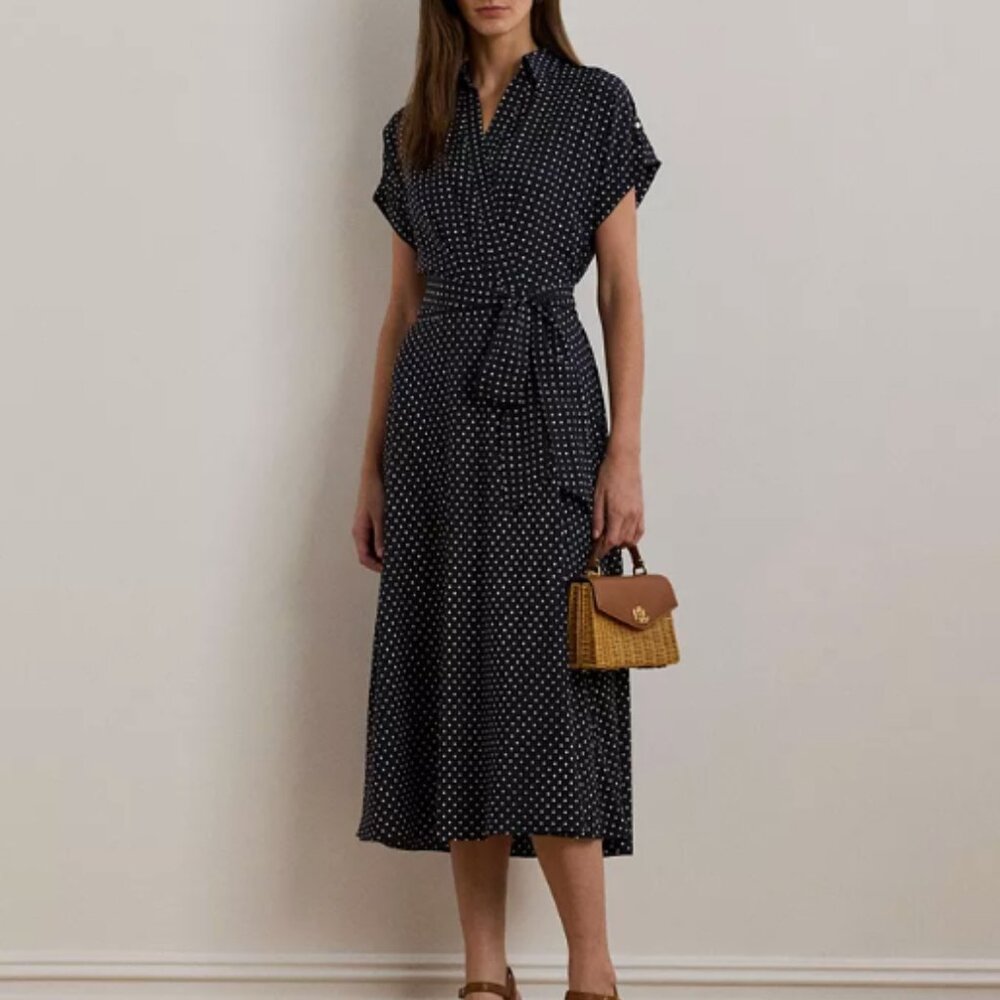 NWOT - Ralph Lauren Navy Polka Dot Short Sleeve Crepe Belted Midi Plus Dress 20W